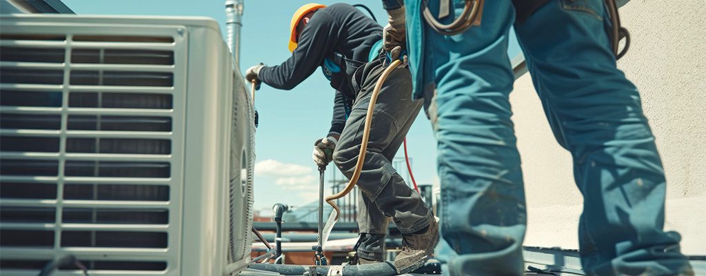 Close-up of hvac techs using specialized tools to replace cooling tower pipes on a rooftop
